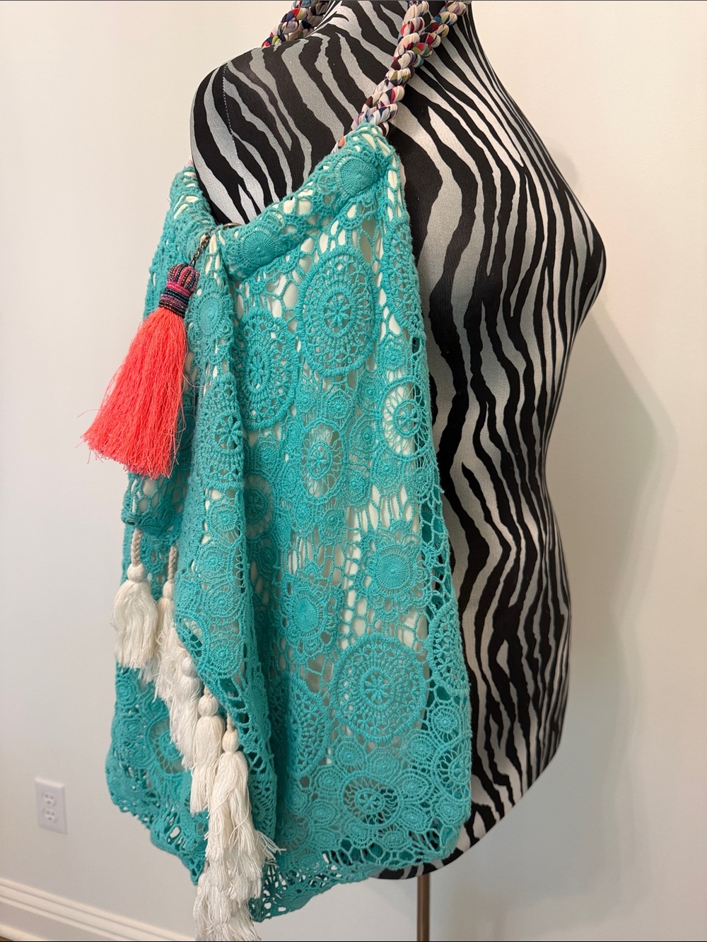 6 Shore Road Teal Crochet Hobo with Coral Tassel and White Fringe